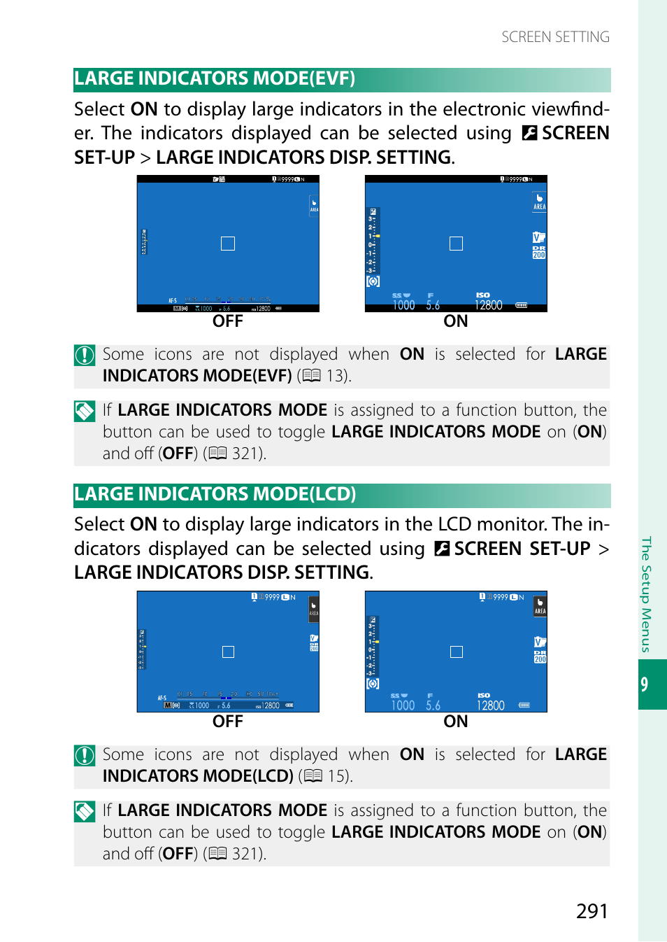 Large indicators mode(evf), Large indicators mode(lcd) | FujiFilm X-T5 Mirrorless Camera (Silver) User Manual | Page 317 / 432