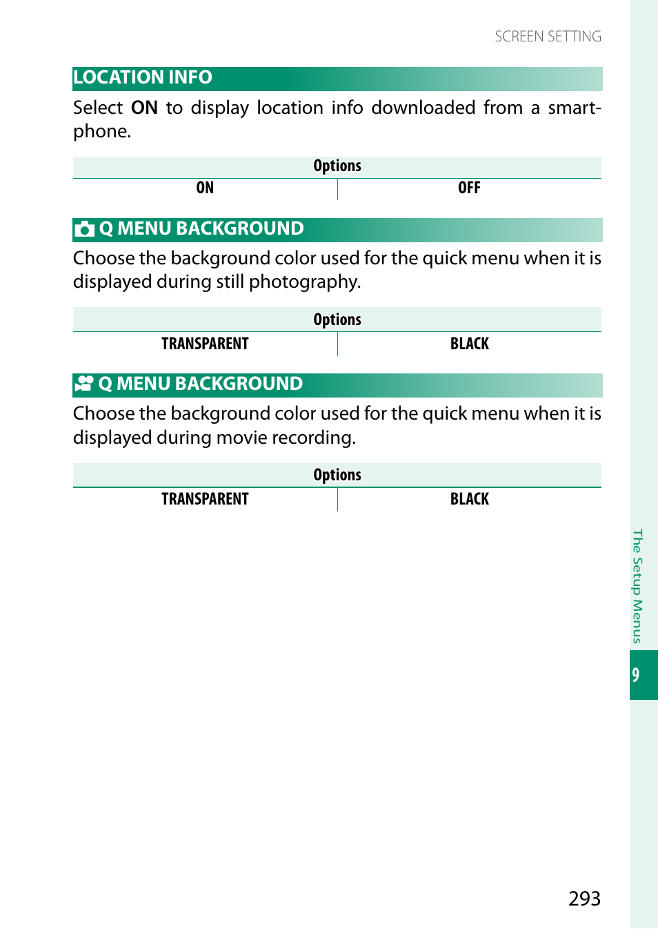 Location info, Q menu background | FujiFilm X-T5 Mirrorless Camera (Silver) User Manual | Page 319 / 432