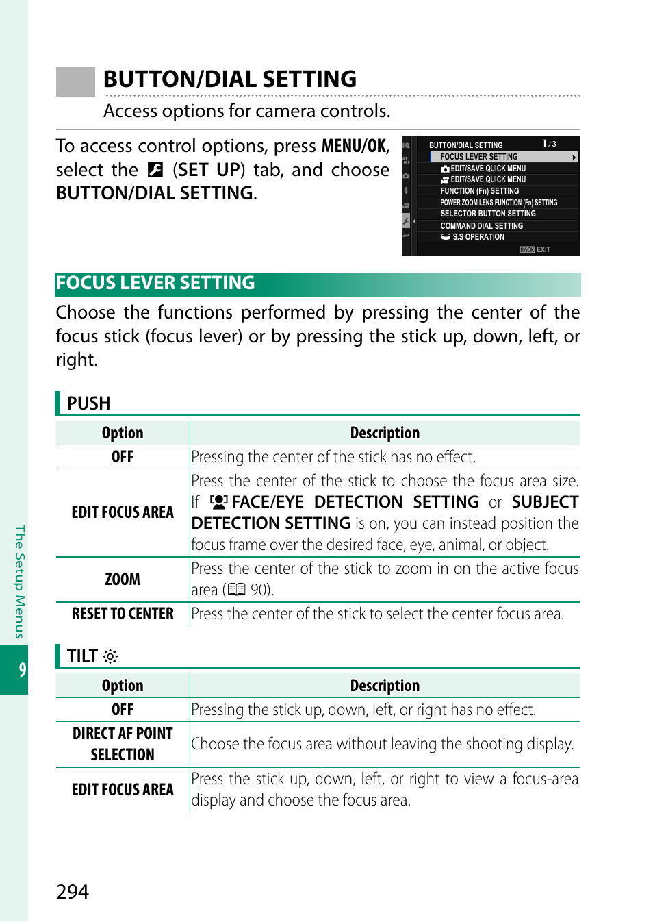 Button/dial setting, Focus lever setting, Tilt o | FujiFilm X-T5 Mirrorless Camera (Silver) User Manual | Page 320 / 432