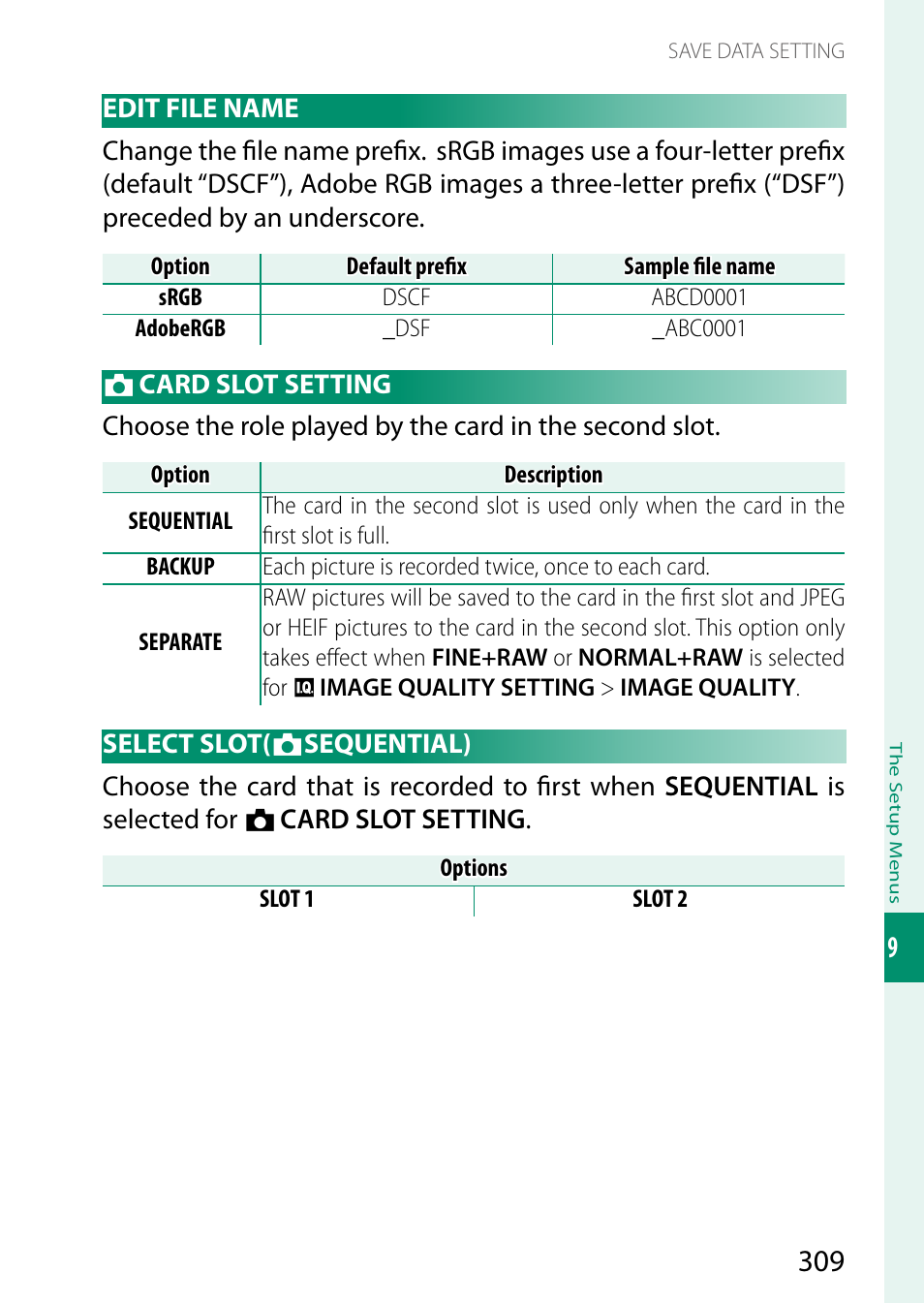Edit file name, Card slot setting, Select slot(sequential) | Select slot, Sequential) | FujiFilm X-T5 Mirrorless Camera (Silver) User Manual | Page 335 / 432