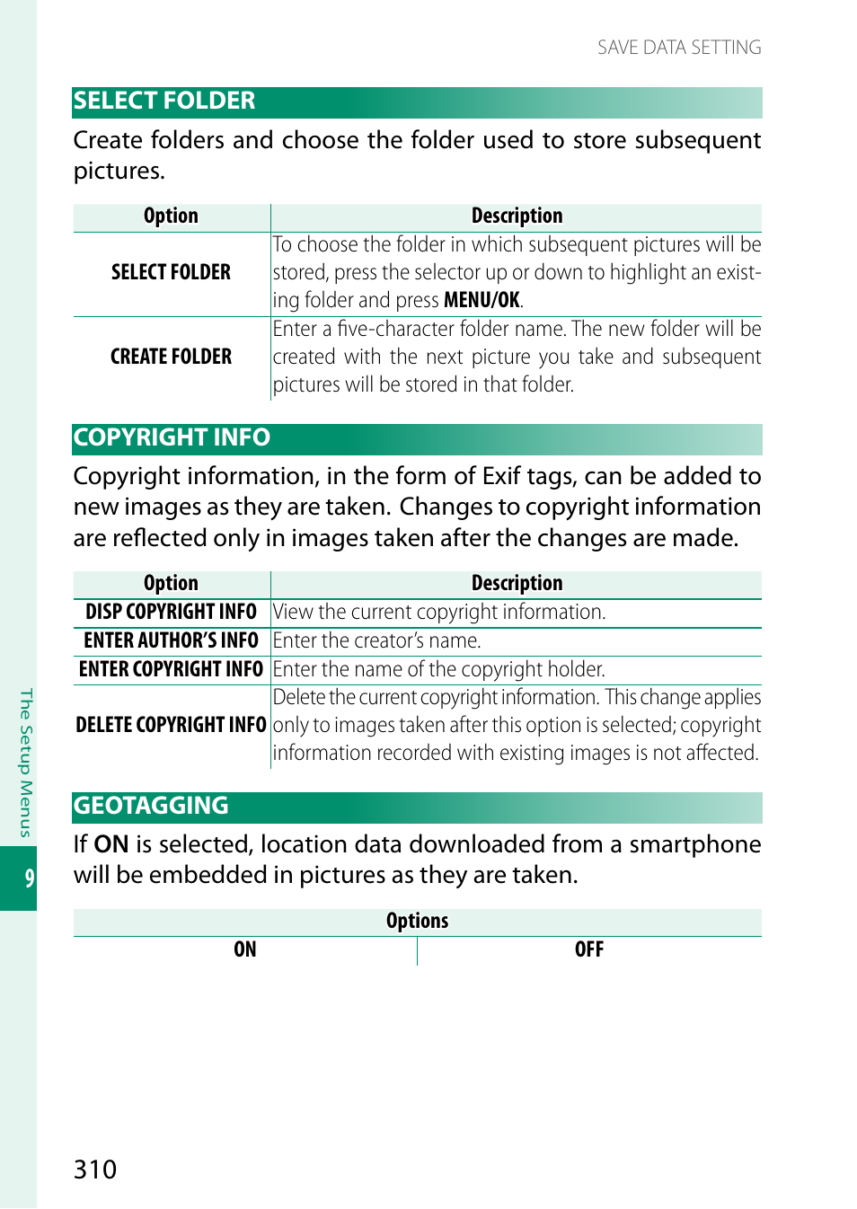Select folder, Copyright info, Geotagging | Select folder copyright info geotagging | FujiFilm X-T5 Mirrorless Camera (Silver) User Manual | Page 336 / 432