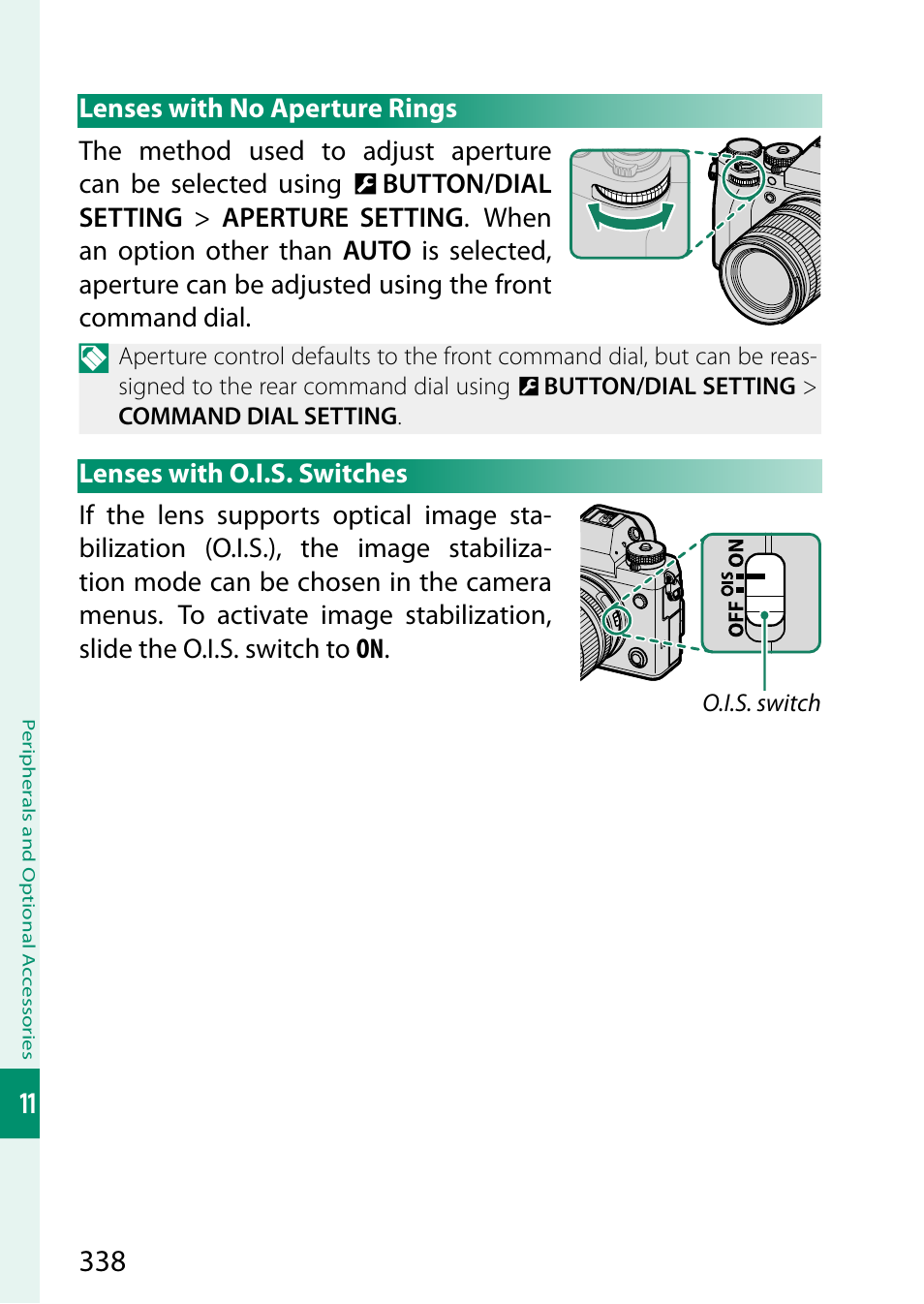 Lenses with no aperture rings, Lenses with o.i.s. switches | FujiFilm X-T5 Mirrorless Camera (Silver) User Manual | Page 364 / 432