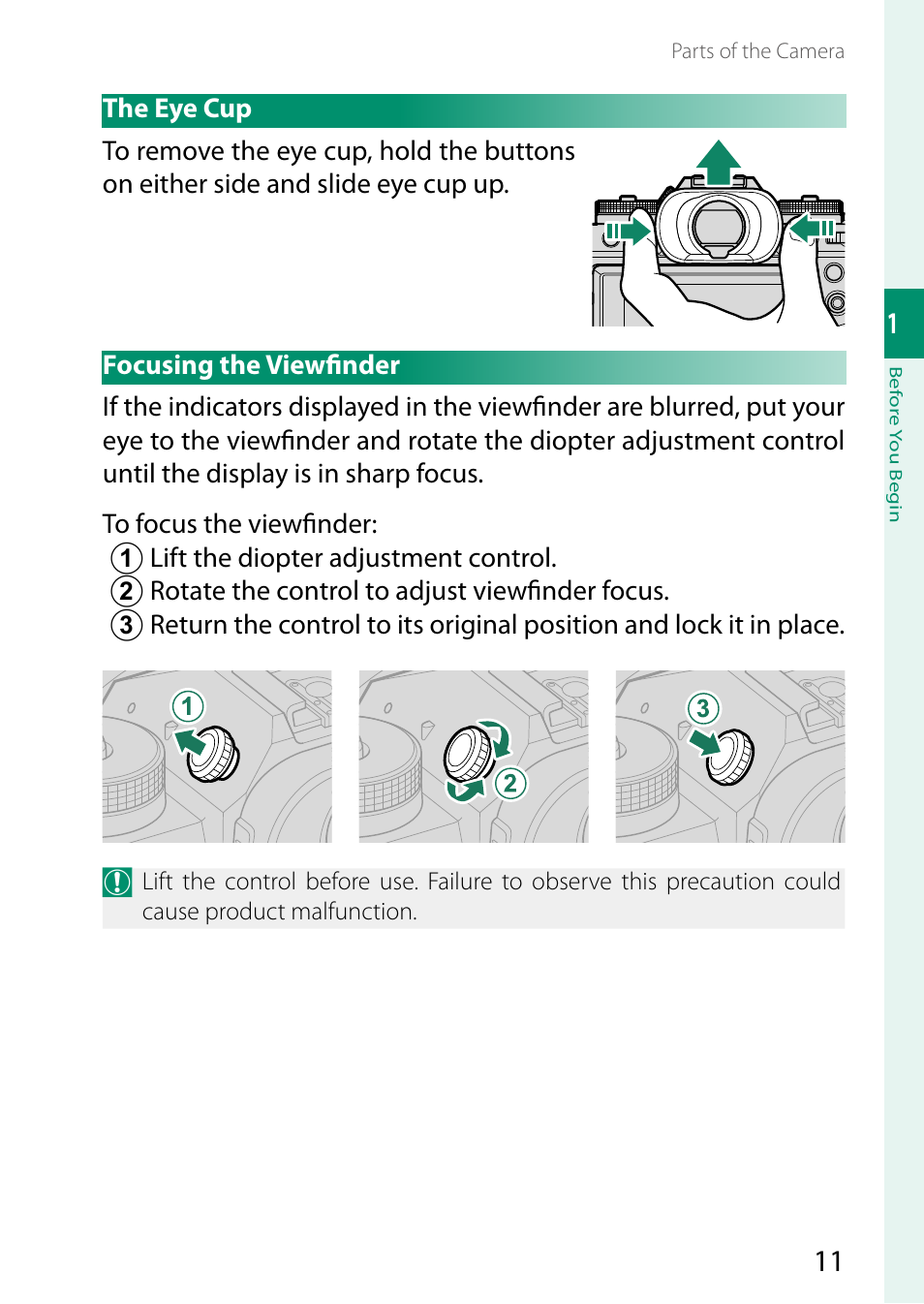 The eye cup, Focusing the viewfinder, The eye cup focusing the viewfi nder | FujiFilm X-T5 Mirrorless Camera (Silver) User Manual | Page 37 / 432