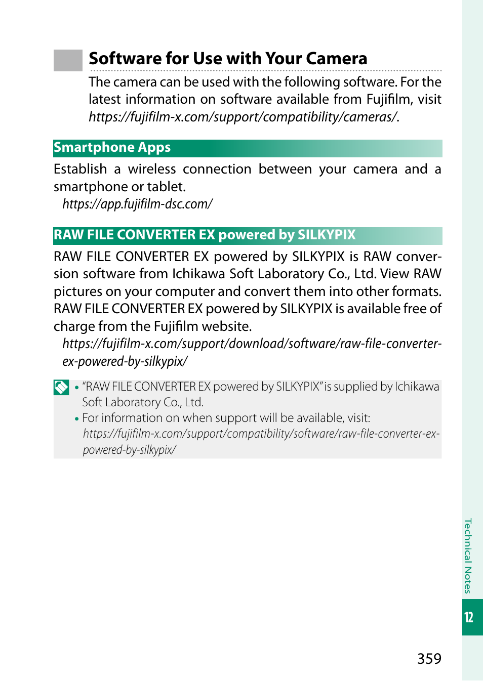 Software for use with your camera, Smartphone apps, Raw file converter ex powered by silkypix | FujiFilm X-T5 Mirrorless Camera (Silver) User Manual | Page 385 / 432