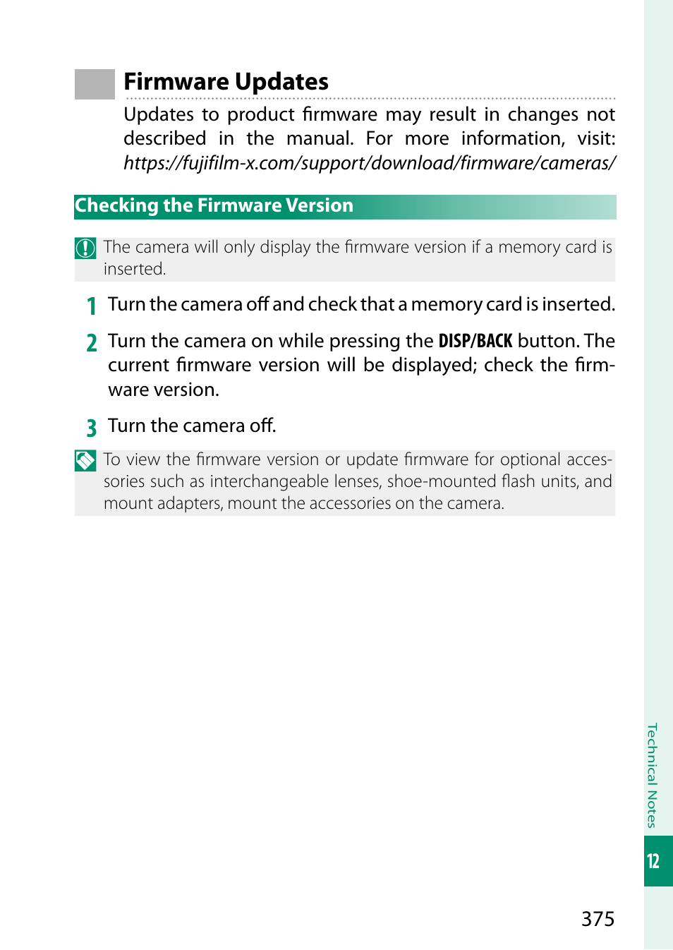 Firmware updates, Checking the firmware version | FujiFilm X-T5 Mirrorless Camera (Silver) User Manual | Page 401 / 432