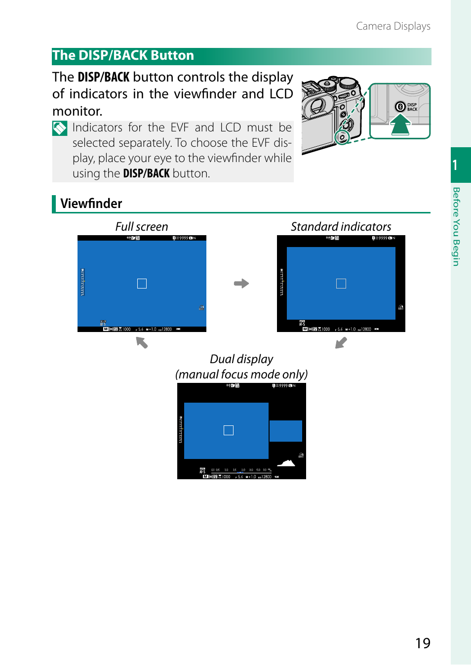 The disp/back button | FujiFilm X-T5 Mirrorless Camera (Silver) User Manual | Page 45 / 432