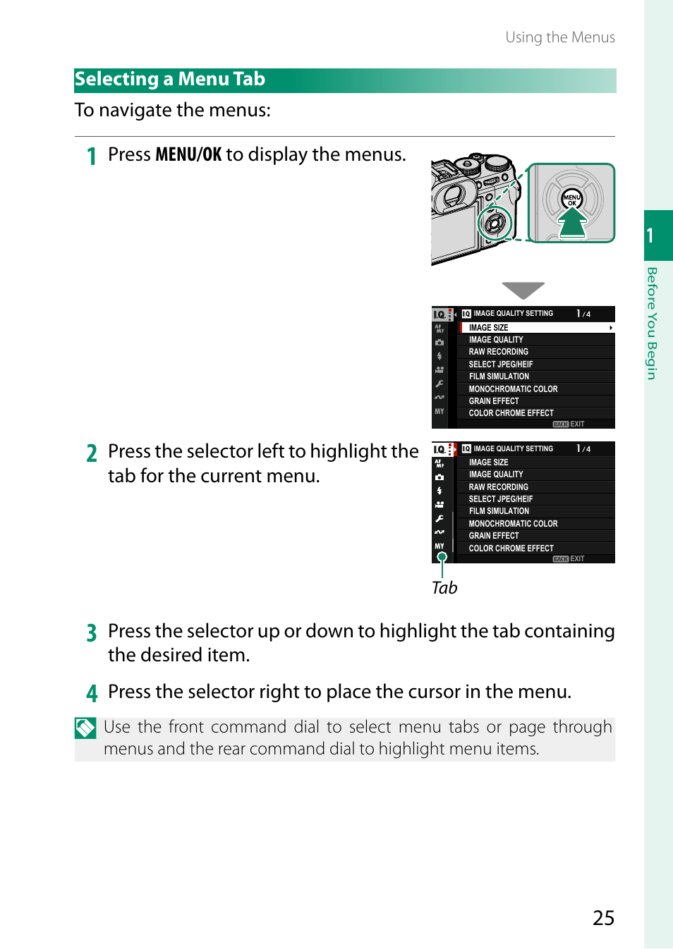 Selecting a menu tab, Selecting a menu tab to navigate the menus, Press menu/ok to display the menus | FujiFilm X-T5 Mirrorless Camera (Silver) User Manual | Page 51 / 432