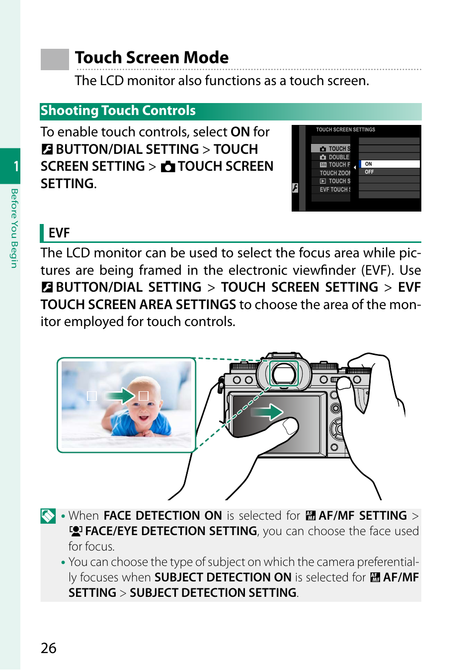 Touch screen mode, Shooting touch controls | FujiFilm X-T5 Mirrorless Camera (Silver) User Manual | Page 52 / 432
