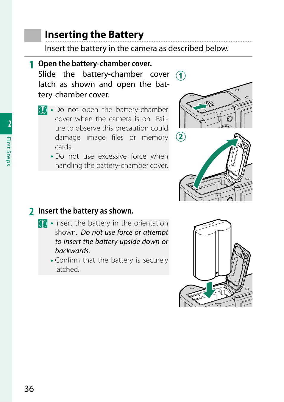 Inserting the battery | FujiFilm X-T5 Mirrorless Camera (Silver) User Manual | Page 62 / 432