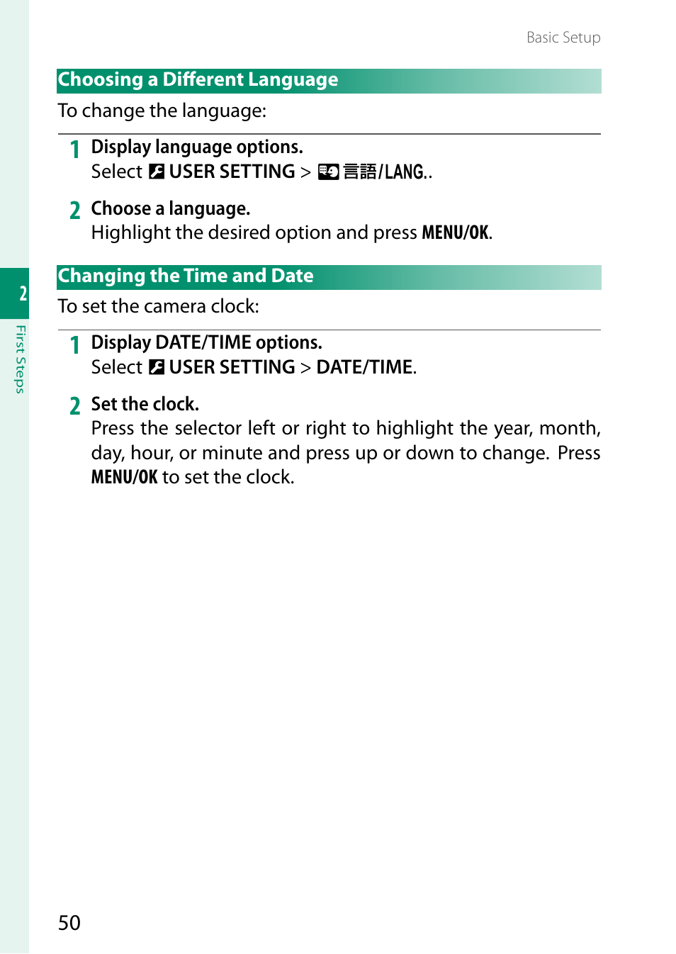 Choosing a different language, Changing the time and date | FujiFilm X-T5 Mirrorless Camera (Silver) User Manual | Page 76 / 432