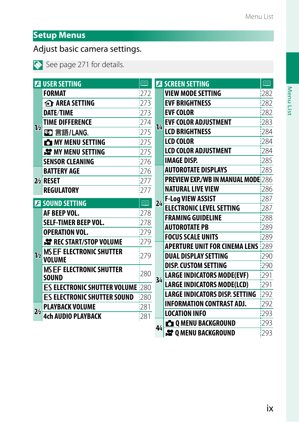 Setup menus | FujiFilm X-T5 Mirrorless Camera (Silver) User Manual | Page 9 / 432