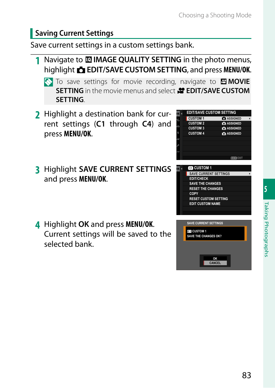 Highlight save current settings and press menu/ok | FujiFilm X-S20 Mirrorless Camera with 18-55mm Lens (Black) User Manual | Page 109 / 424