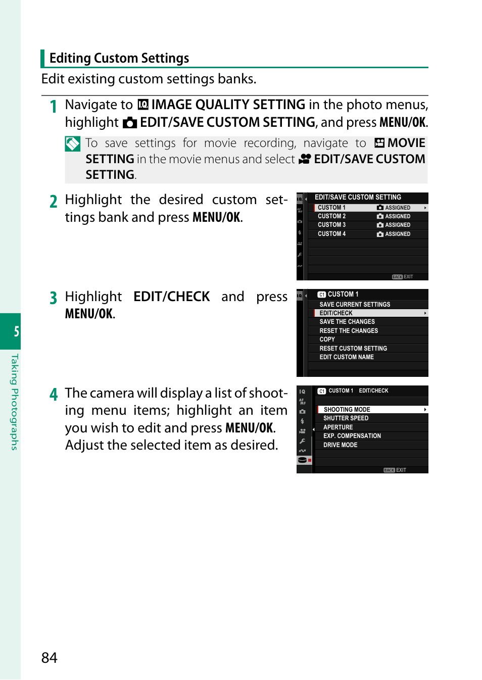 Highlight edit/check and press menu/ok | FujiFilm X-S20 Mirrorless Camera with 18-55mm Lens (Black) User Manual | Page 110 / 424