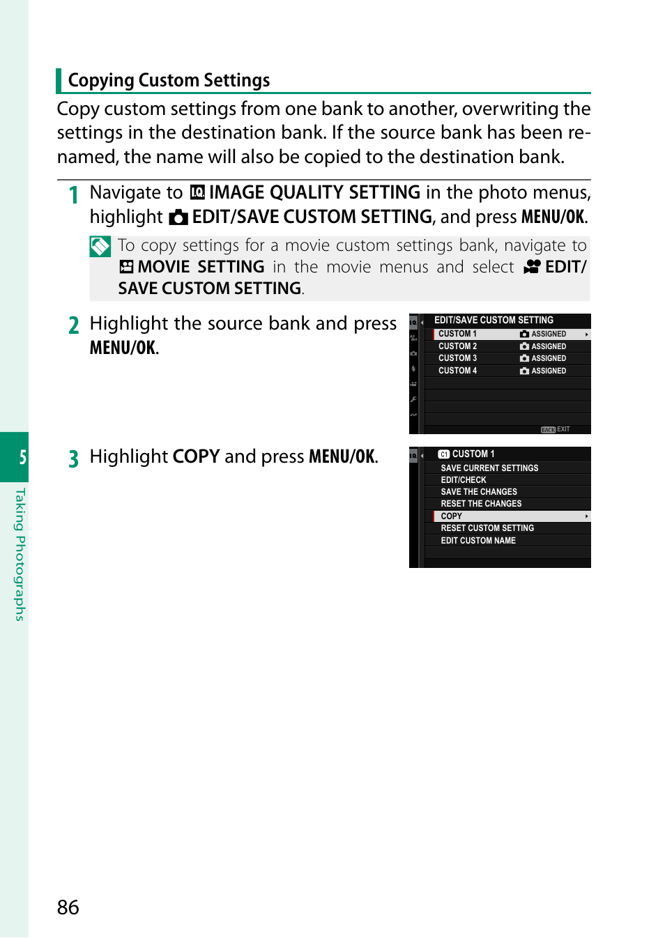 Highlight the source bank and press menu/ok, Highlight copy and press menu/ok | FujiFilm X-S20 Mirrorless Camera with 18-55mm Lens (Black) User Manual | Page 112 / 424
