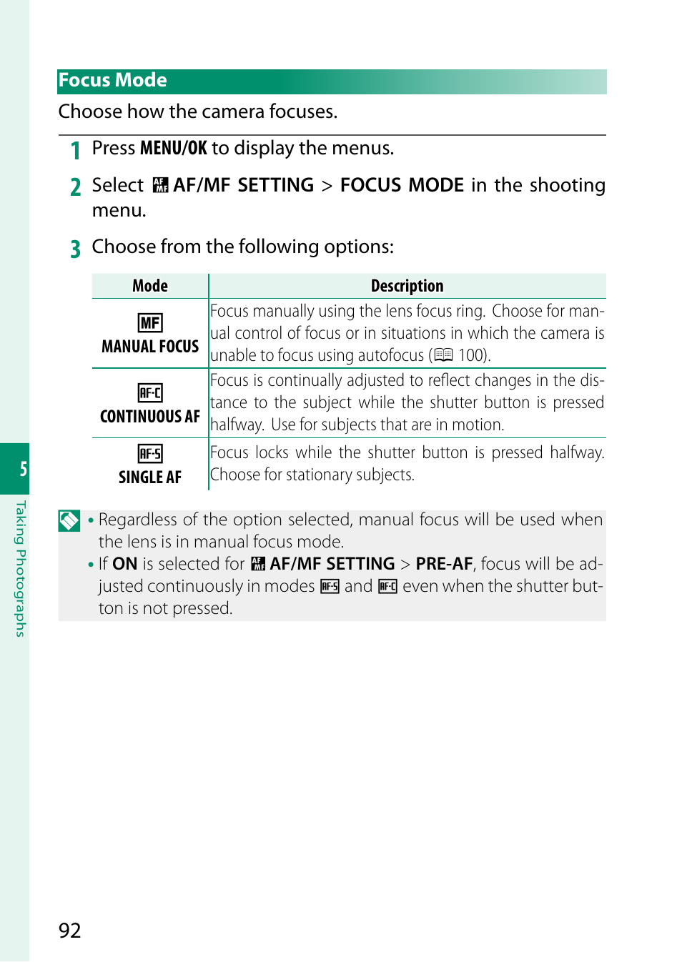Focus mode | FujiFilm X-S20 Mirrorless Camera with 18-55mm Lens (Black) User Manual | Page 118 / 424