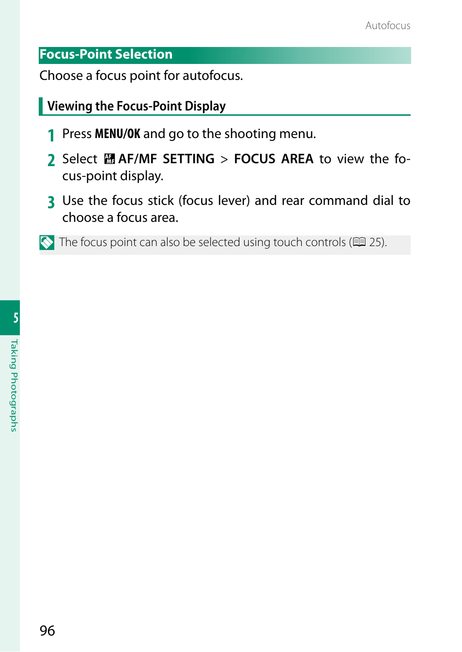 Focus-point selection | FujiFilm X-S20 Mirrorless Camera with 18-55mm Lens (Black) User Manual | Page 122 / 424