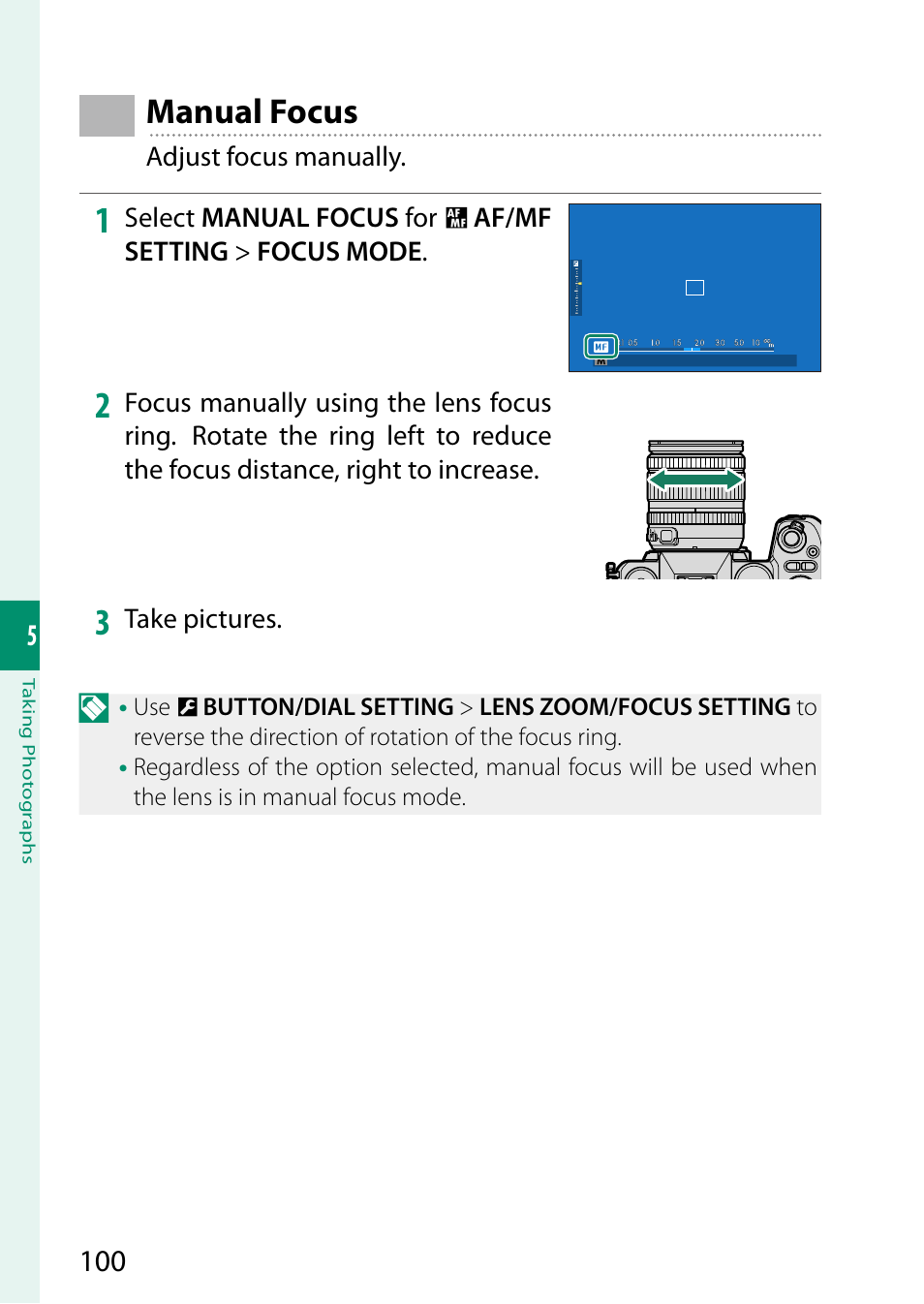 Manual focus | FujiFilm X-S20 Mirrorless Camera with 18-55mm Lens (Black) User Manual | Page 126 / 424