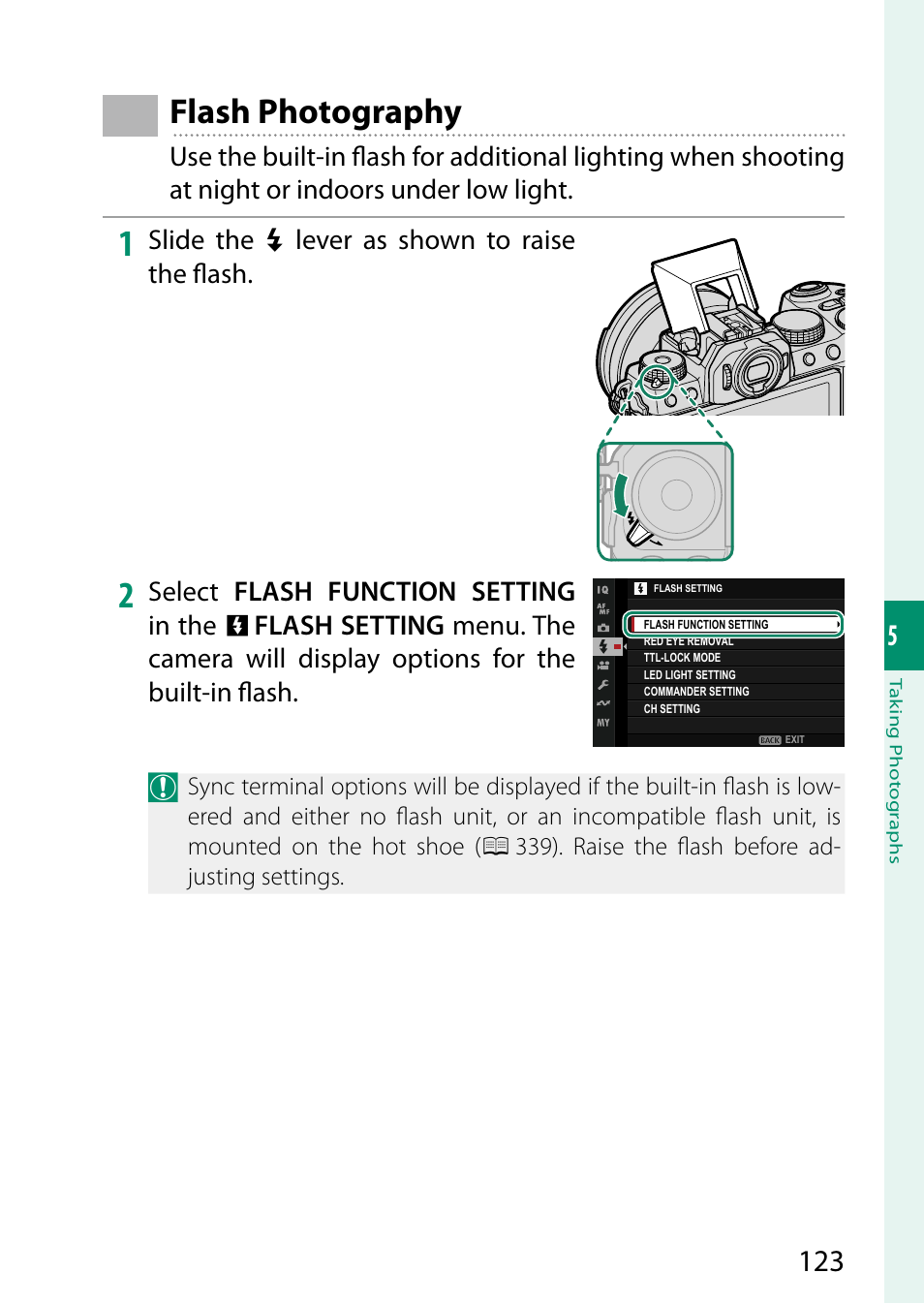 Flash photography | FujiFilm X-S20 Mirrorless Camera with 18-55mm Lens (Black) User Manual | Page 149 / 424