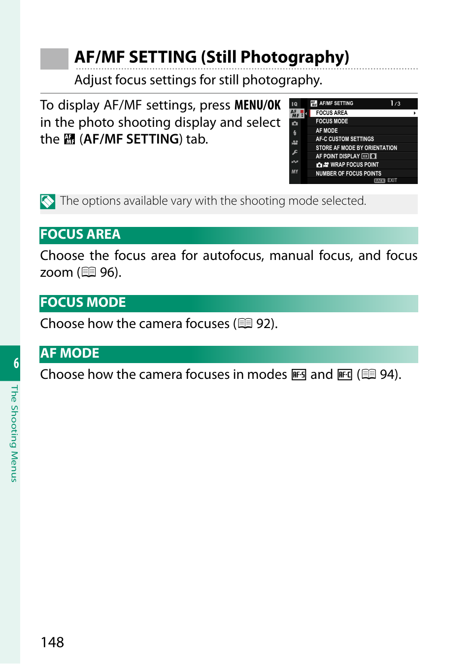 Af/mf setting (still photography), Focus area, Focus mode | Af mode, Focus area focus mode af mode | FujiFilm X-S20 Mirrorless Camera with 18-55mm Lens (Black) User Manual | Page 174 / 424