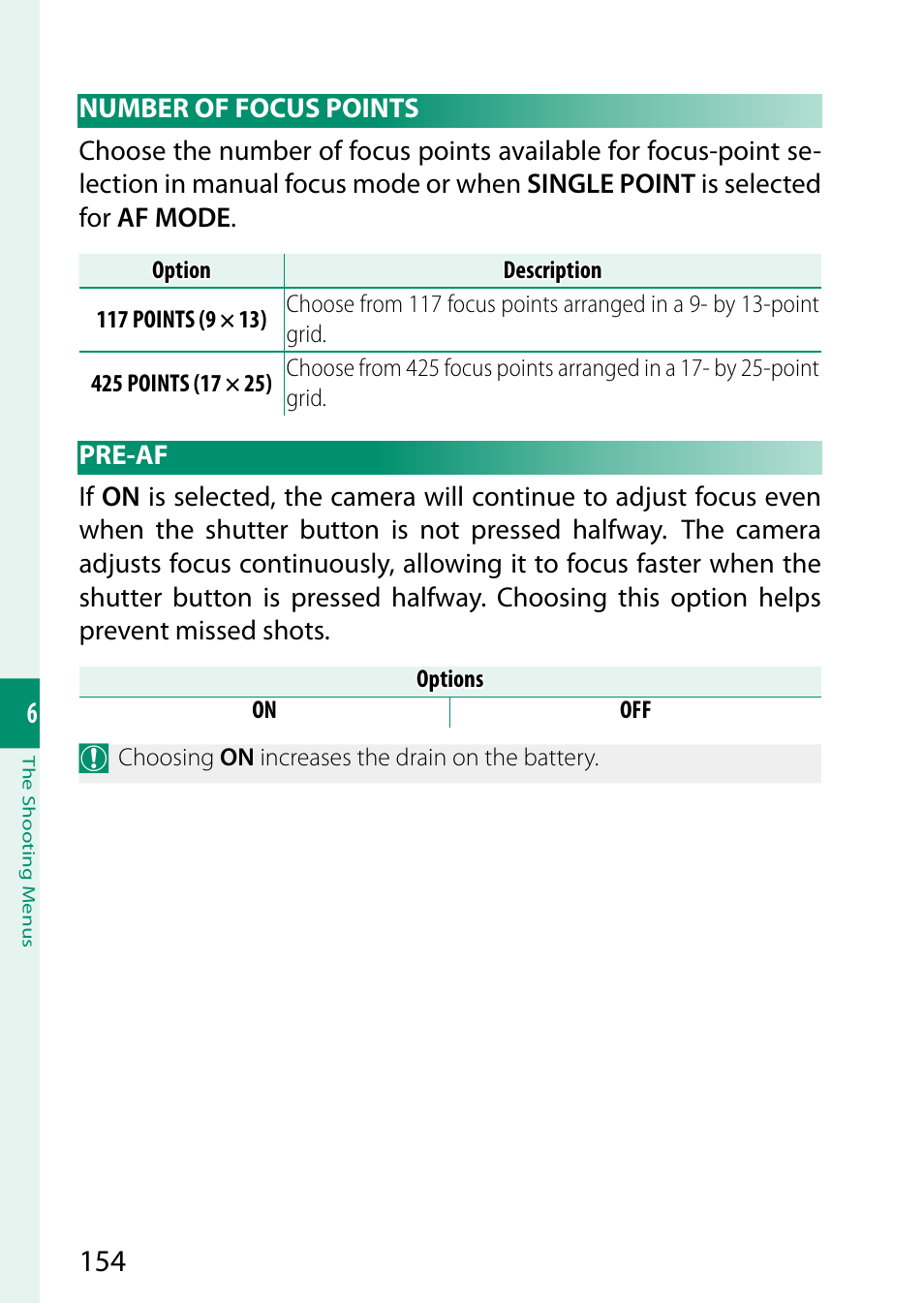 Number of focus points, Pre-af, Number of focus points pre-af | FujiFilm X-S20 Mirrorless Camera with 18-55mm Lens (Black) User Manual | Page 180 / 424