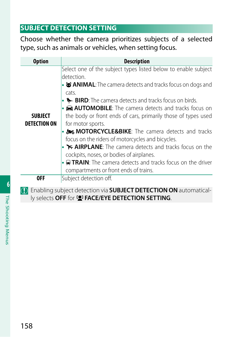 Subject detection setting | FujiFilm X-S20 Mirrorless Camera with 18-55mm Lens (Black) User Manual | Page 184 / 424