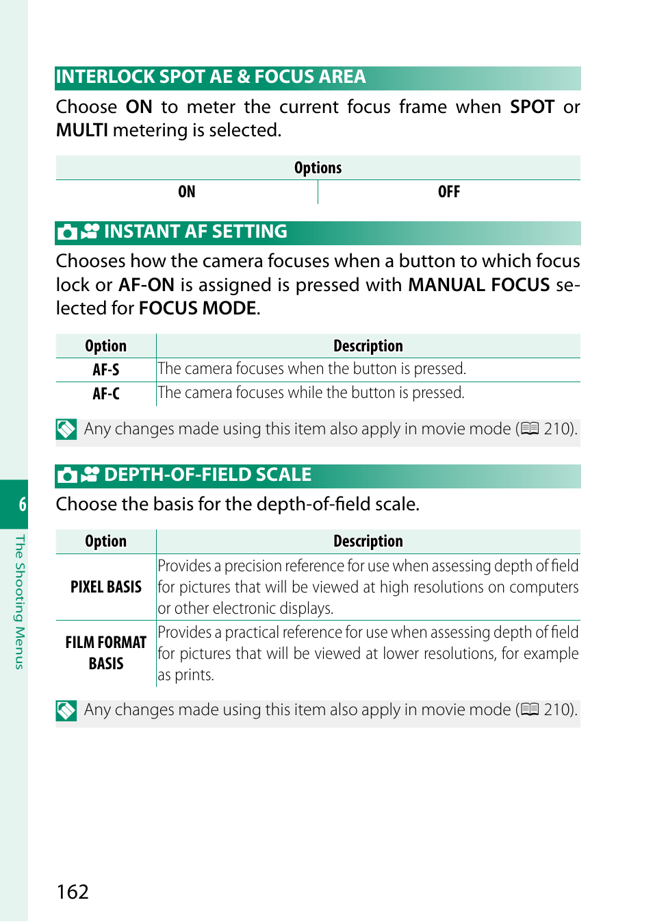 Interlock spot ae & focus area, Instant af setting, Depth-of-field scale | FujiFilm X-S20 Mirrorless Camera with 18-55mm Lens (Black) User Manual | Page 188 / 424