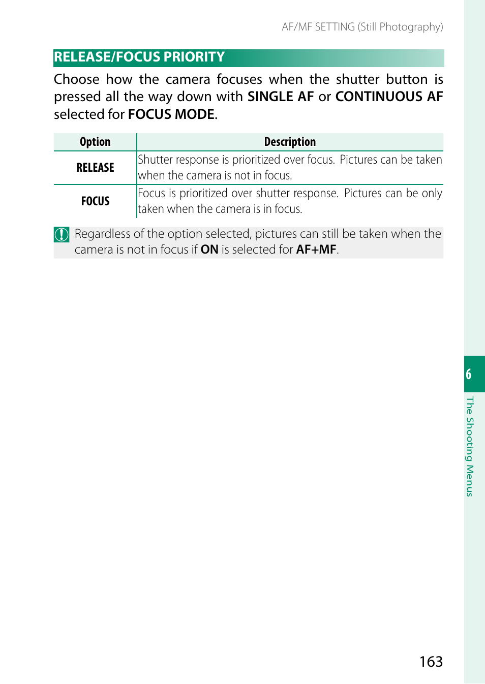 Release/focus priority | FujiFilm X-S20 Mirrorless Camera with 18-55mm Lens (Black) User Manual | Page 189 / 424