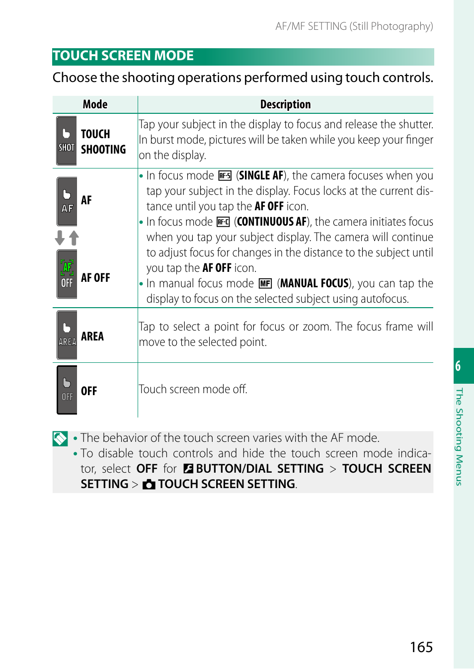 Touch screen mode | FujiFilm X-S20 Mirrorless Camera with 18-55mm Lens (Black) User Manual | Page 191 / 424
