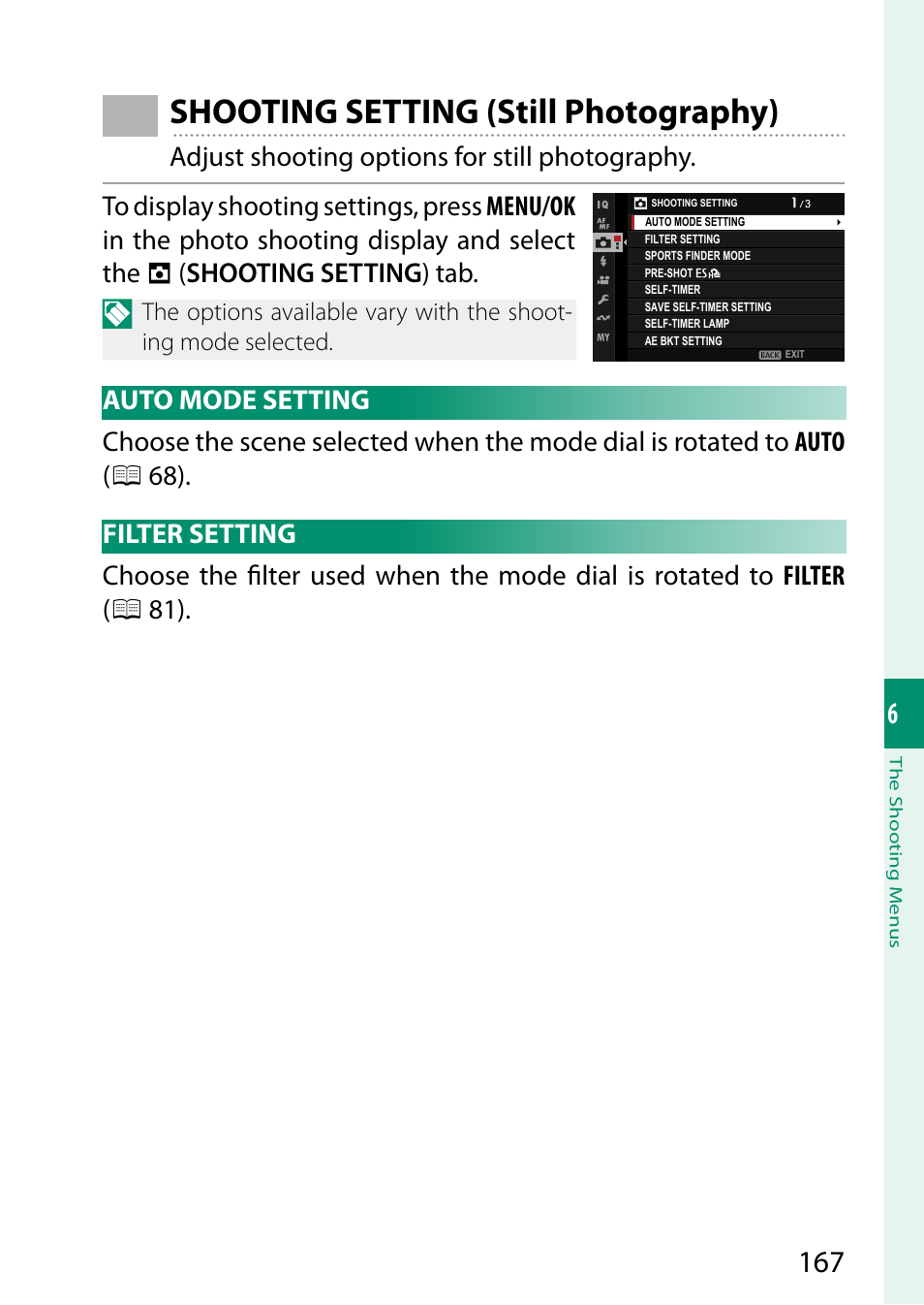 Shooting setting (still photography), Auto mode setting, Filter setting | Auto mode setting filter setting | FujiFilm X-S20 Mirrorless Camera with 18-55mm Lens (Black) User Manual | Page 193 / 424