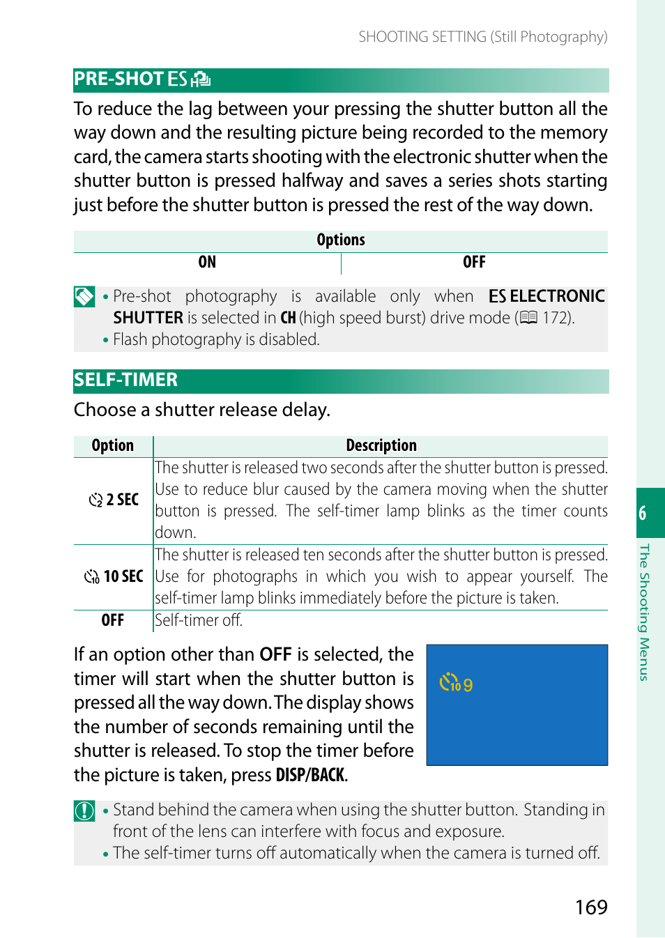 Pre-shot, Self-timer | FujiFilm X-S20 Mirrorless Camera with 18-55mm Lens (Black) User Manual | Page 195 / 424