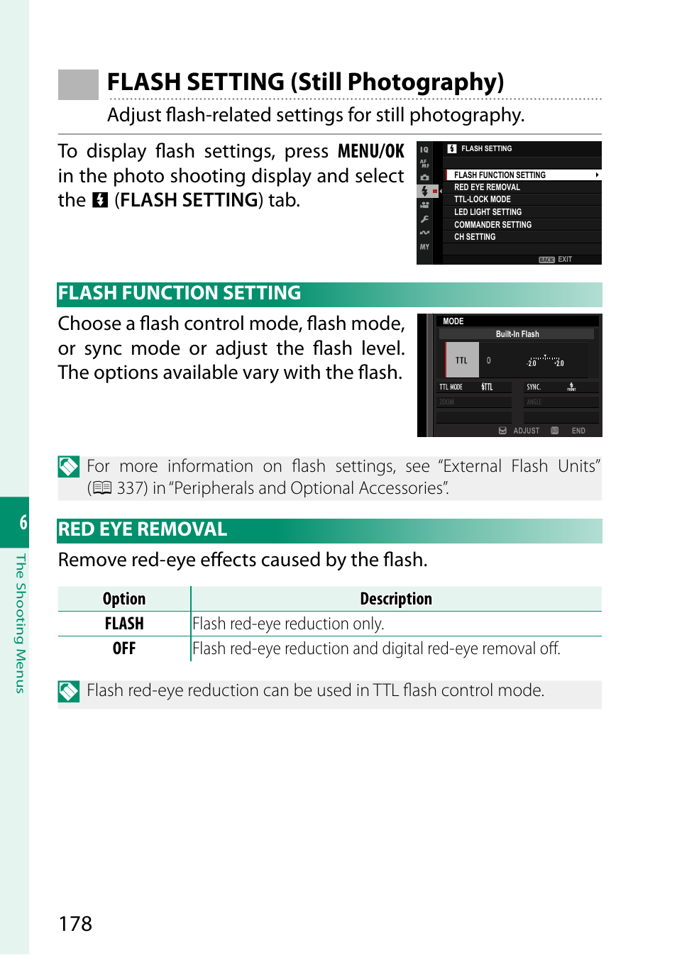 Flash setting (still photography), Flash function setting, Red eye removal | Flash function setting red eye removal | FujiFilm X-S20 Mirrorless Camera with 18-55mm Lens (Black) User Manual | Page 204 / 424