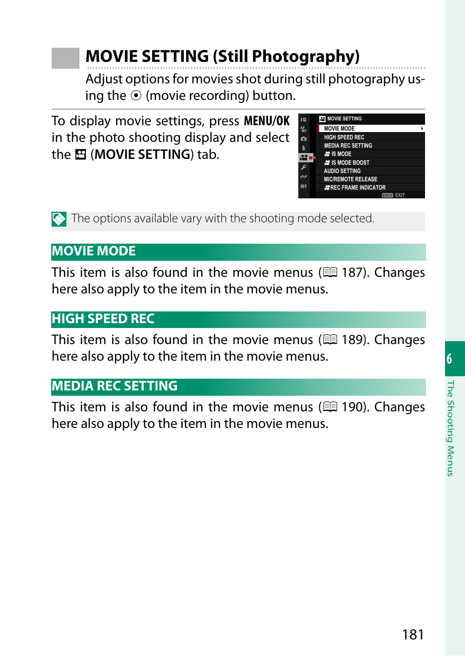 Movie setting (still photography), Movie mode, High speed rec | Media rec setting, Movie mode high speed rec media rec setting | FujiFilm X-S20 Mirrorless Camera with 18-55mm Lens (Black) User Manual | Page 207 / 424