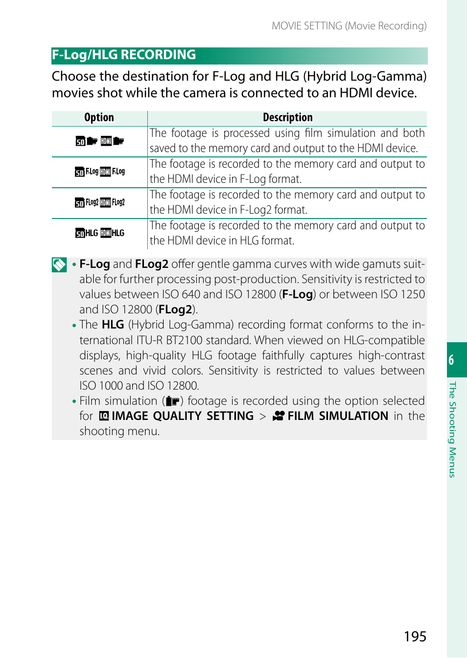 F-log/hlg recording | FujiFilm X-S20 Mirrorless Camera with 18-55mm Lens (Black) User Manual | Page 221 / 424