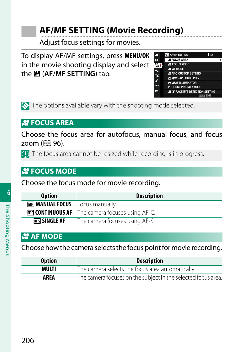 Af/mf setting (movie recording), Focus area, Focus mode | Af mode | FujiFilm X-S20 Mirrorless Camera with 18-55mm Lens (Black) User Manual | Page 232 / 424