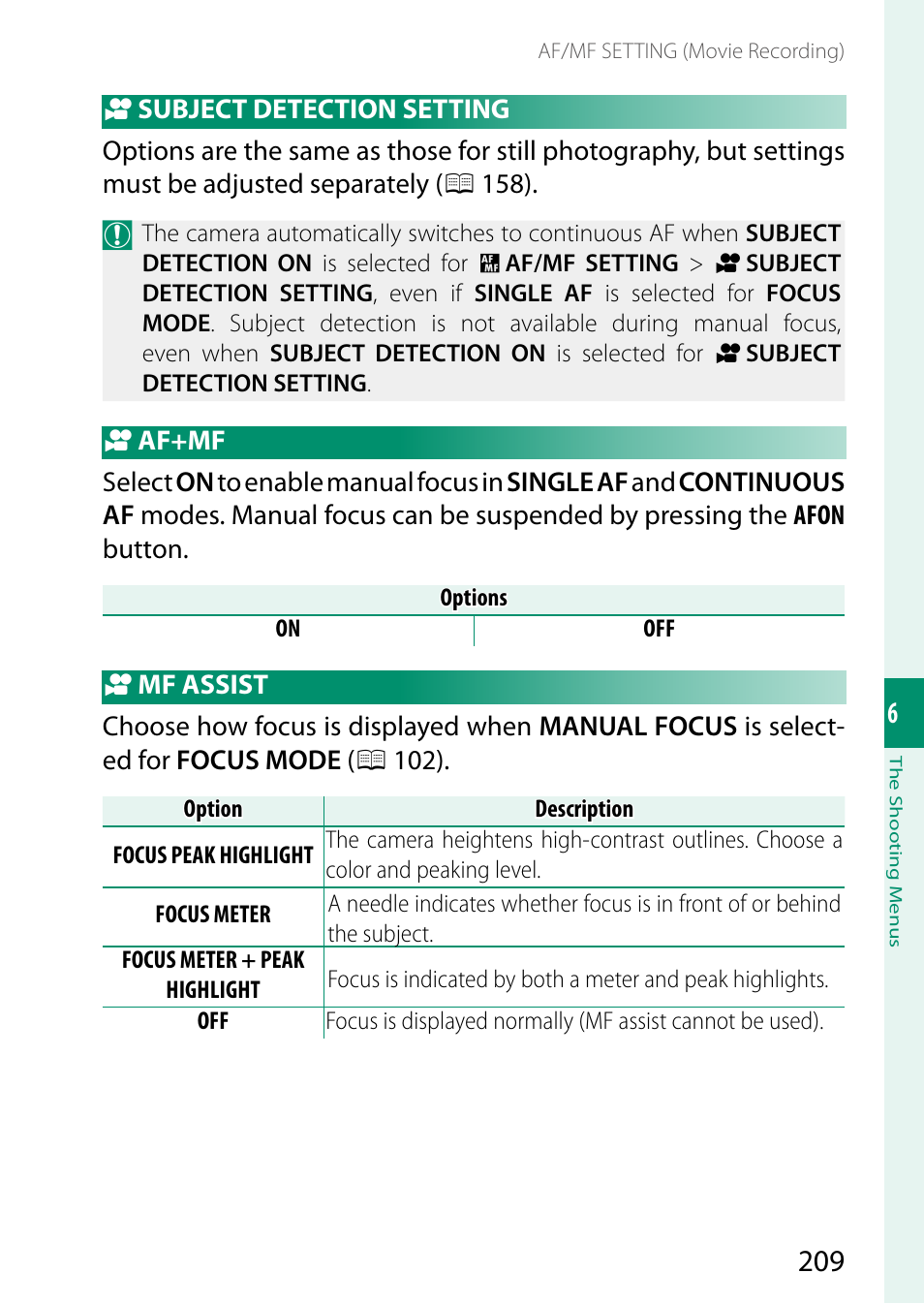 Subject detection setting, Af+mf, Mf assist | FujiFilm X-S20 Mirrorless Camera with 18-55mm Lens (Black) User Manual | Page 235 / 424