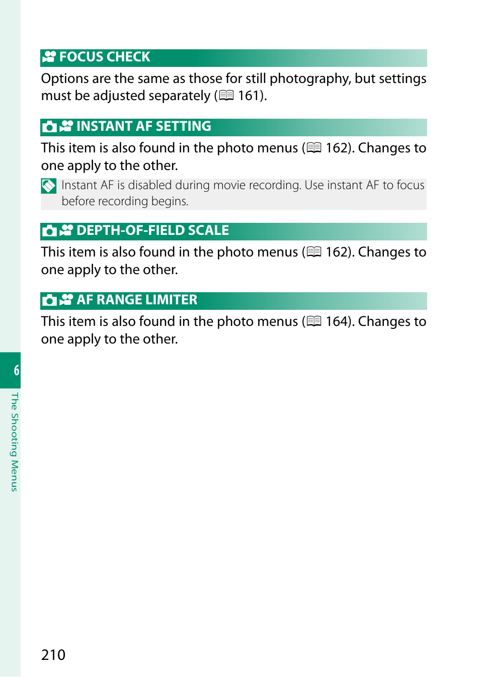 Focus check, Instant af setting, Depth-of-field scale | Af range limiter | FujiFilm X-S20 Mirrorless Camera with 18-55mm Lens (Black) User Manual | Page 236 / 424