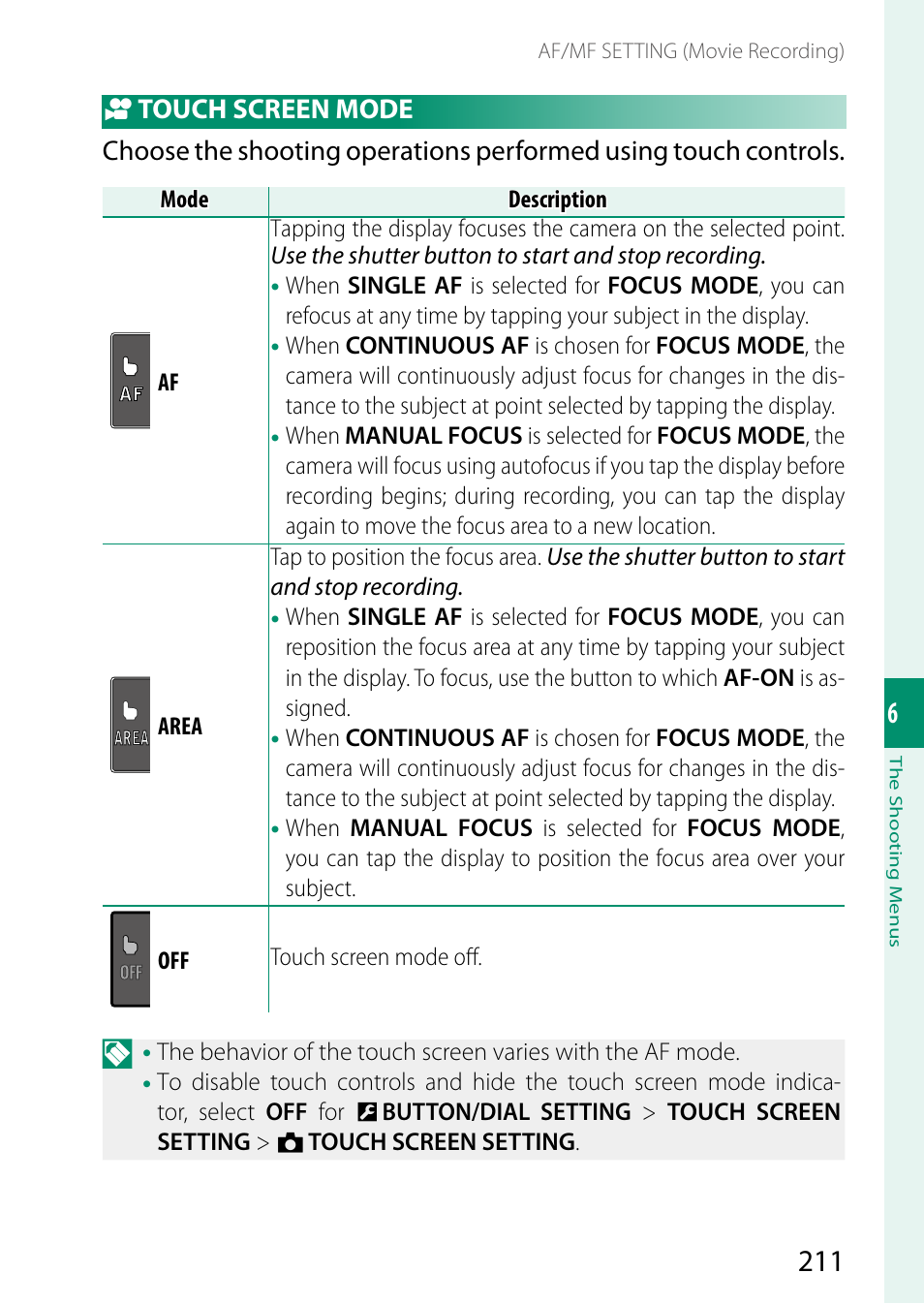 Touch screen mode | FujiFilm X-S20 Mirrorless Camera with 18-55mm Lens (Black) User Manual | Page 237 / 424