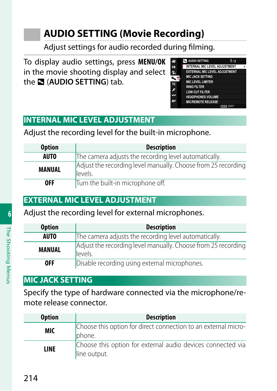 Audio setting (movie recording), Internal mic level adjustment, External mic level adjustment | Mic jack setting | FujiFilm X-S20 Mirrorless Camera with 18-55mm Lens (Black) User Manual | Page 240 / 424