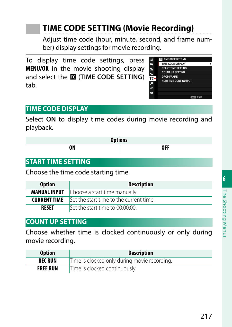 Time code setting (movie recording), Time code display, Start time setting | Count up setting | FujiFilm X-S20 Mirrorless Camera with 18-55mm Lens (Black) User Manual | Page 243 / 424