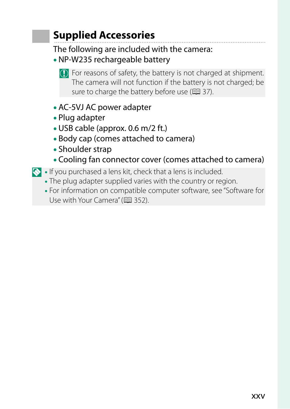 Supplied accessories | FujiFilm X-S20 Mirrorless Camera with 18-55mm Lens (Black) User Manual | Page 25 / 424