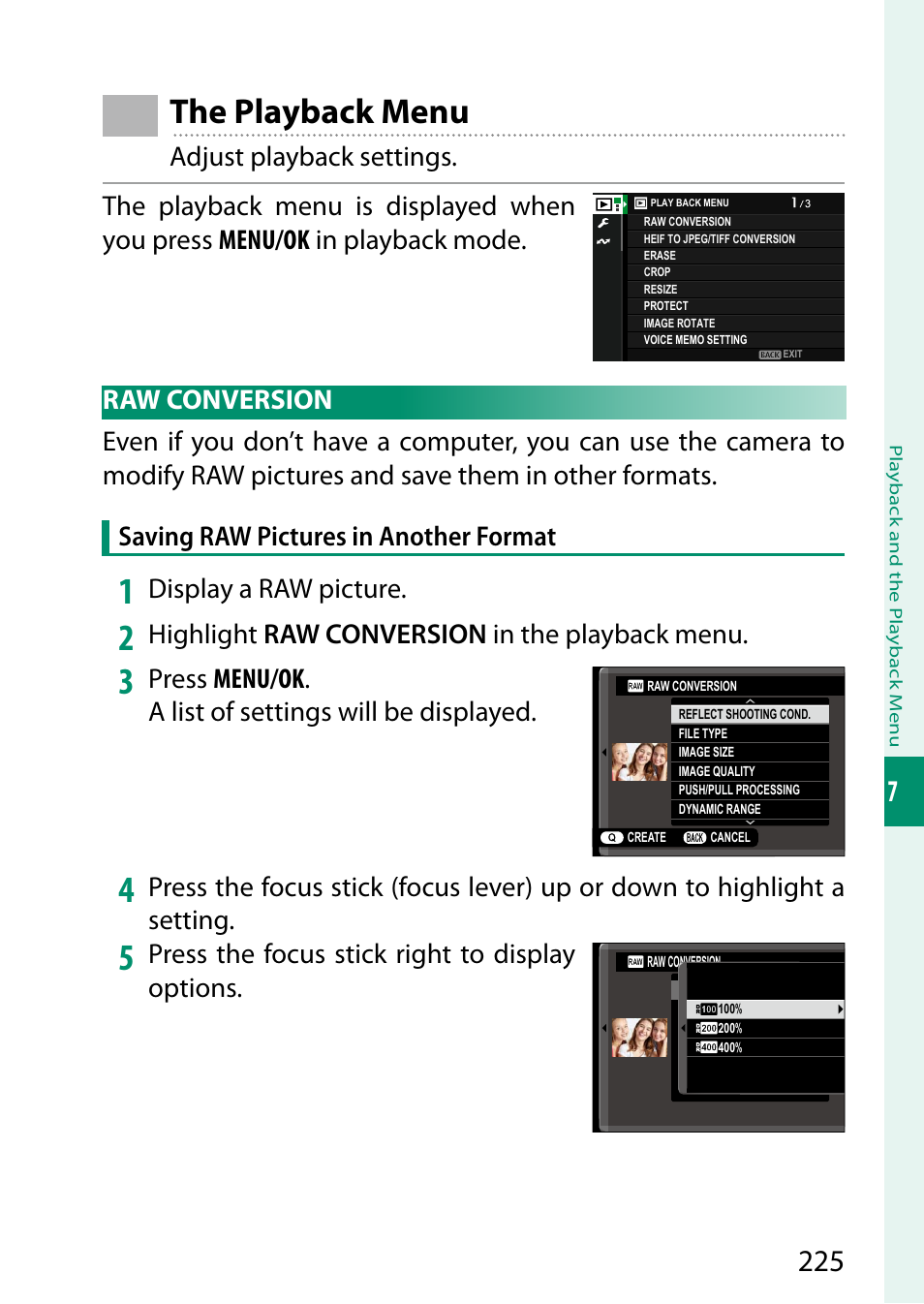 The playback menu, Raw conversion, Display a raw picture | Highlight raw conversion in the playback menu, Press the focus stick right to display options | FujiFilm X-S20 Mirrorless Camera with 18-55mm Lens (Black) User Manual | Page 251 / 424