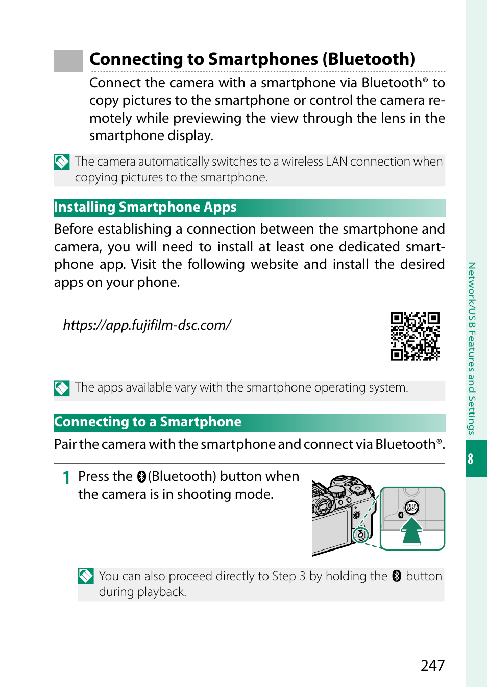 Connecting to smartphones (bluetooth), Installing smartphone apps, Connecting to a smartphone | FujiFilm X-S20 Mirrorless Camera with 18-55mm Lens (Black) User Manual | Page 273 / 424