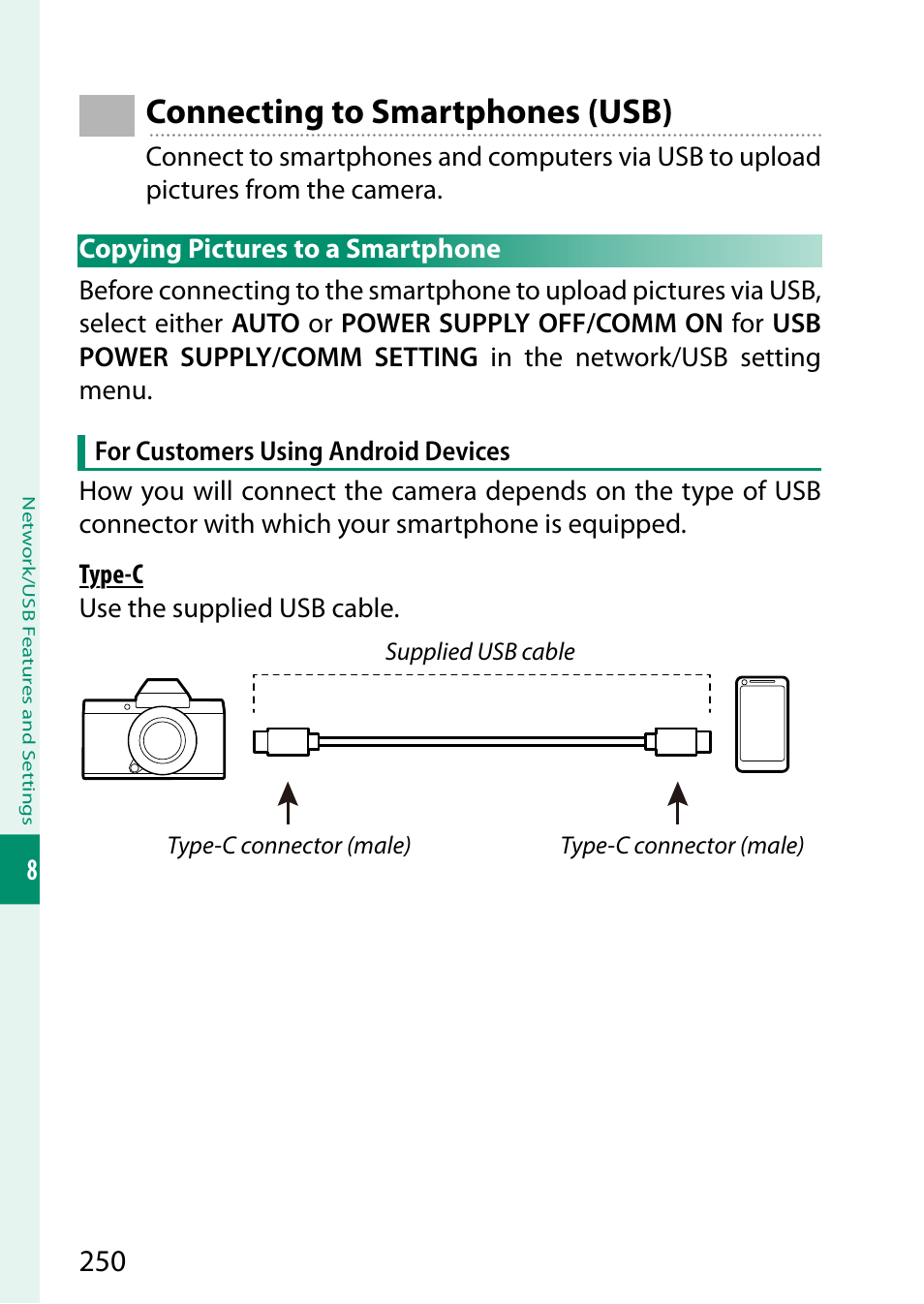 Connecting to smartphones (usb), Copying pictures to a smartphone | FujiFilm X-S20 Mirrorless Camera with 18-55mm Lens (Black) User Manual | Page 276 / 424