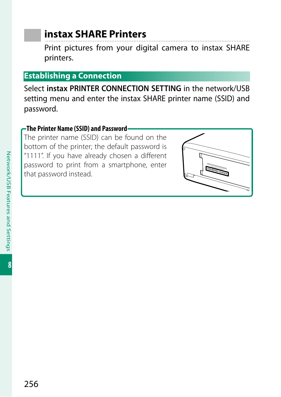 Instax share printers, Establishing a connection | FujiFilm X-S20 Mirrorless Camera with 18-55mm Lens (Black) User Manual | Page 282 / 424
