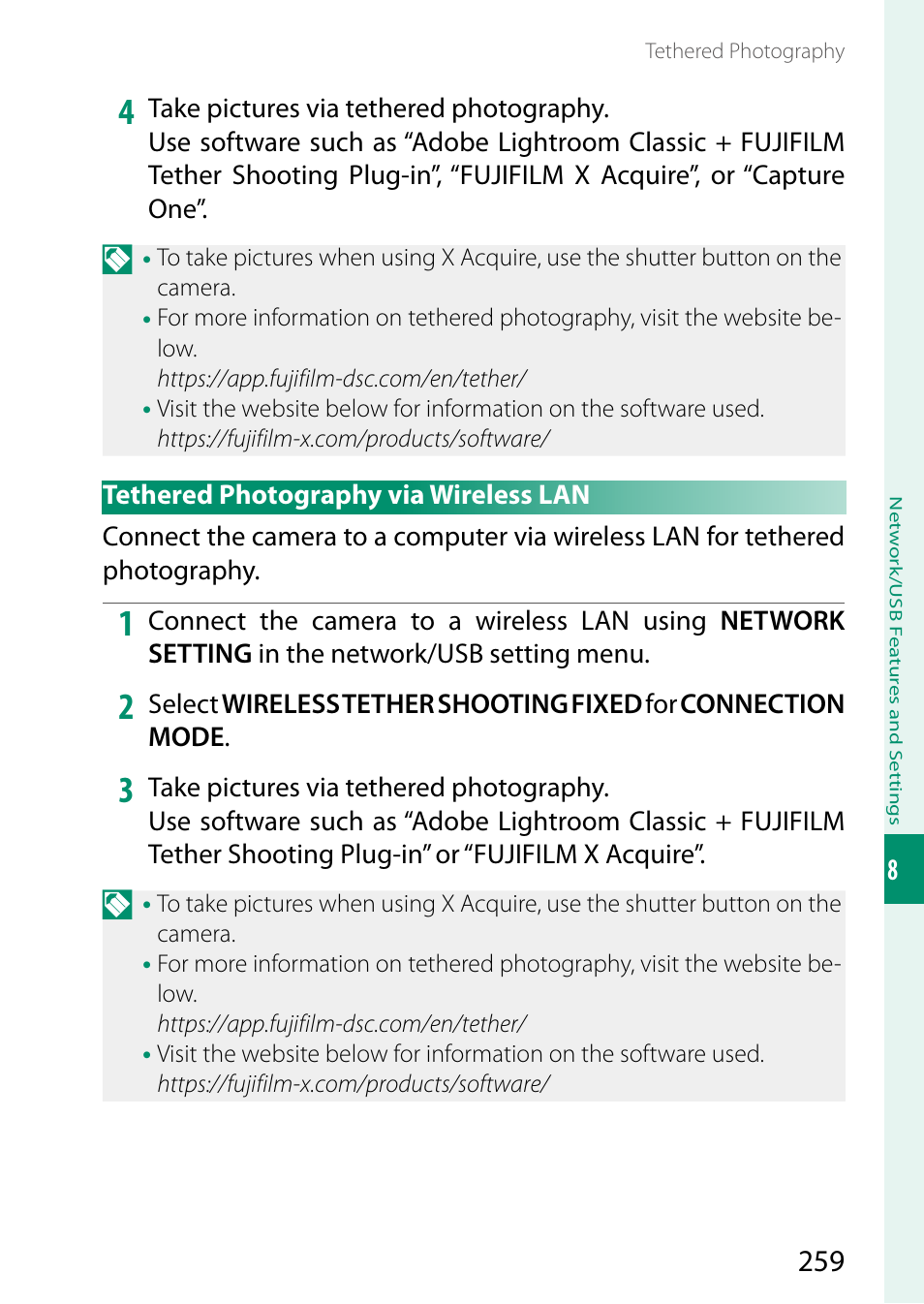 Tethered photography via wireless lan | FujiFilm X-S20 Mirrorless Camera with 18-55mm Lens (Black) User Manual | Page 285 / 424