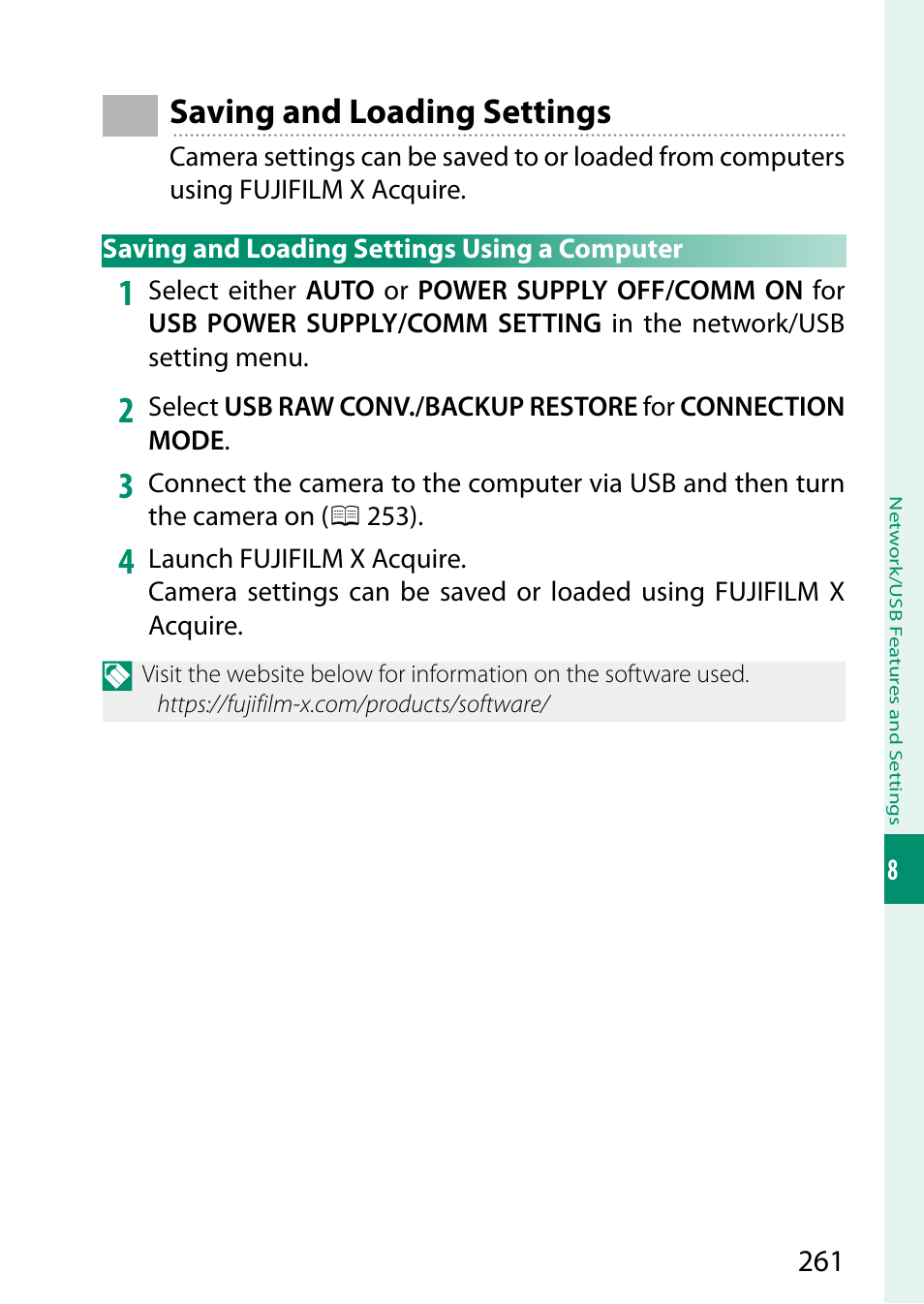 Saving and loading settings, Saving and loading settings using a computer | FujiFilm X-S20 Mirrorless Camera with 18-55mm Lens (Black) User Manual | Page 287 / 424