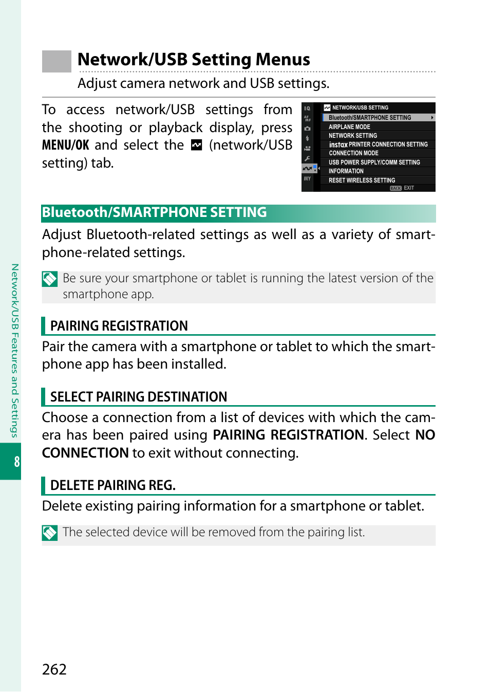 Network/usb setting menus, Bluetooth/smartphone setting | FujiFilm X-S20 Mirrorless Camera with 18-55mm Lens (Black) User Manual | Page 288 / 424