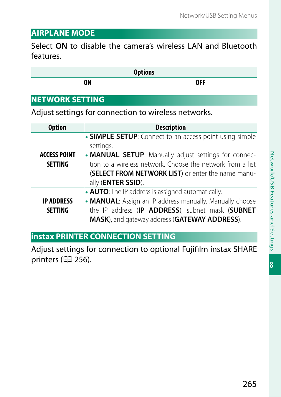 Airplane mode, Network setting, Instax printer connection setting | FujiFilm X-S20 Mirrorless Camera with 18-55mm Lens (Black) User Manual | Page 291 / 424