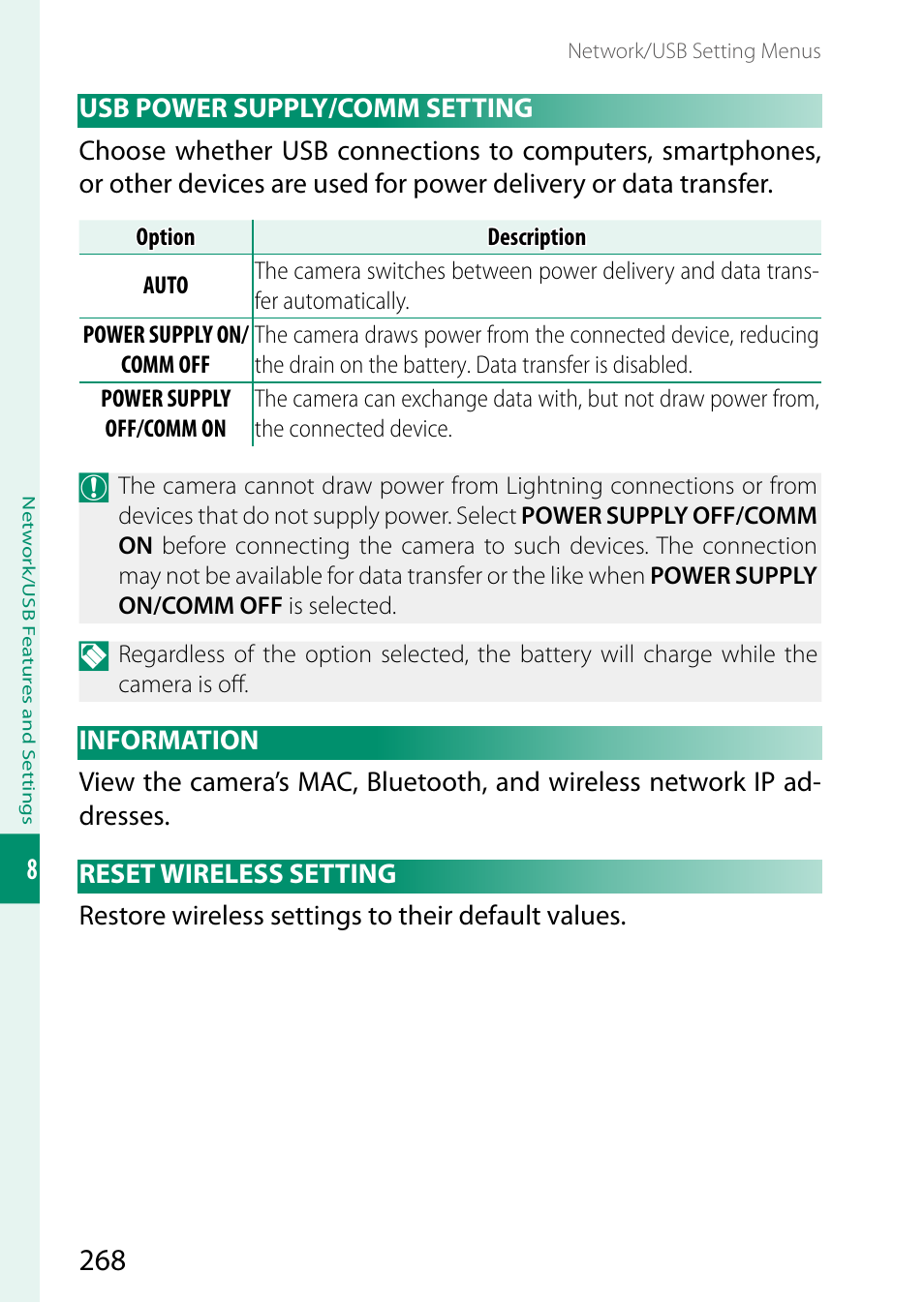 Usb power supply/comm setting, Information, Reset wireless setting | FujiFilm X-S20 Mirrorless Camera with 18-55mm Lens (Black) User Manual | Page 294 / 424
