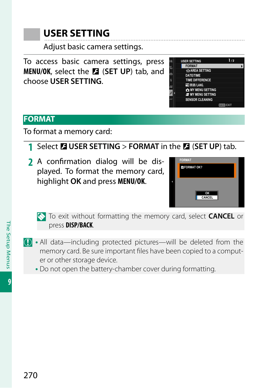 User setting, Format | FujiFilm X-S20 Mirrorless Camera with 18-55mm Lens (Black) User Manual | Page 296 / 424